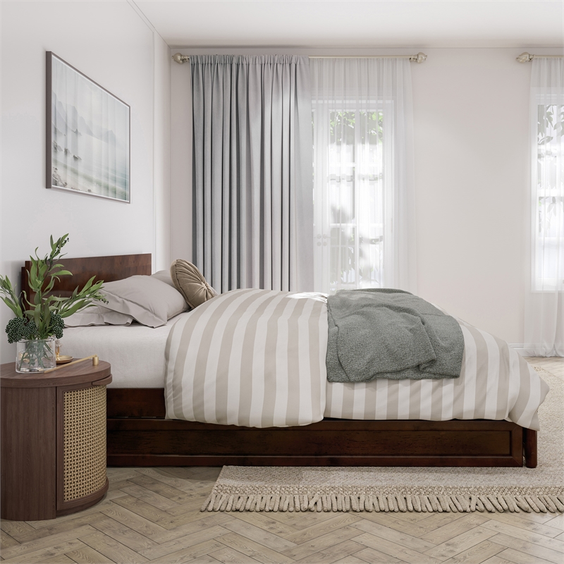 Wesley King Wood Platform Bed with Panel Footboard and Twin XL Trundle in Walnut