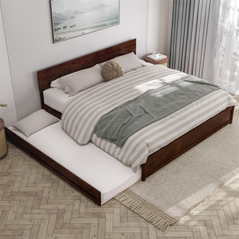 Wesley King Wood Platform Bed with Panel Footboard and Twin XL Trundle in Walnut