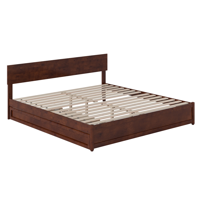 Wesley King Wood Platform Bed with Panel Footboard and Twin XL Trundle in Walnut