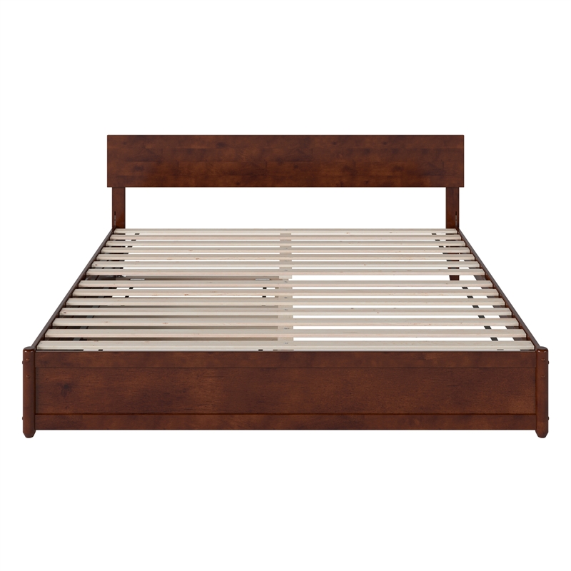 Wesley King Wood Platform Bed with Panel Footboard and Twin XL Trundle in Walnut