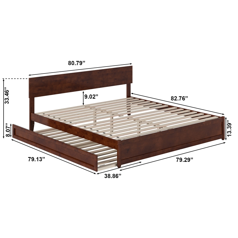Wesley King Wood Platform Bed with Panel Footboard and Twin XL Trundle in Walnut