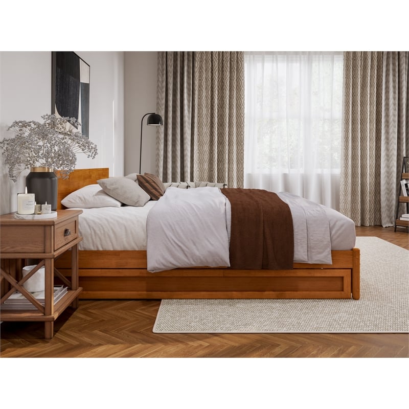 Wesley King Wood Platform Bed with Panel Footboard & TXL Trundle in Light Toffee