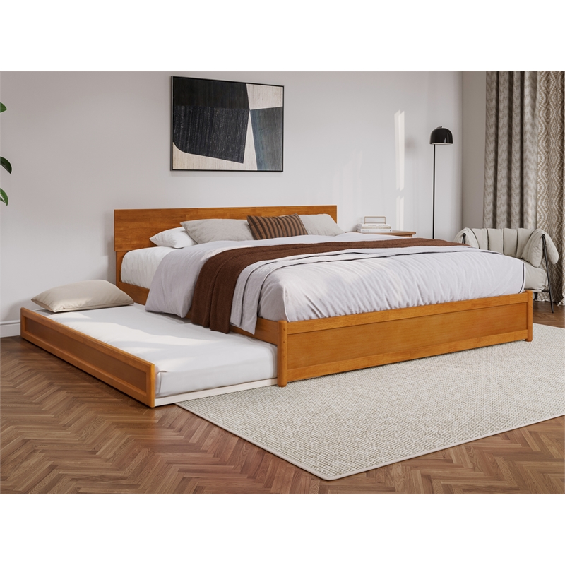 Wesley King Wood Platform Bed with Panel Footboard & TXL Trundle in Light Toffee