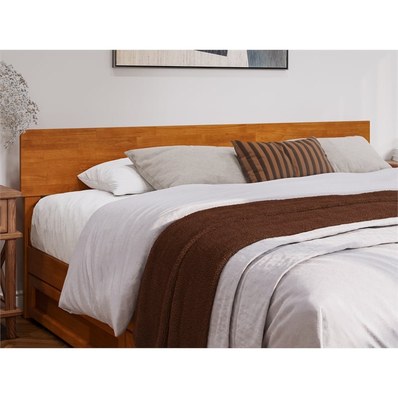 Wesley King Wood Platform Bed with Panel Footboard & TXL Trundle in Light Toffee