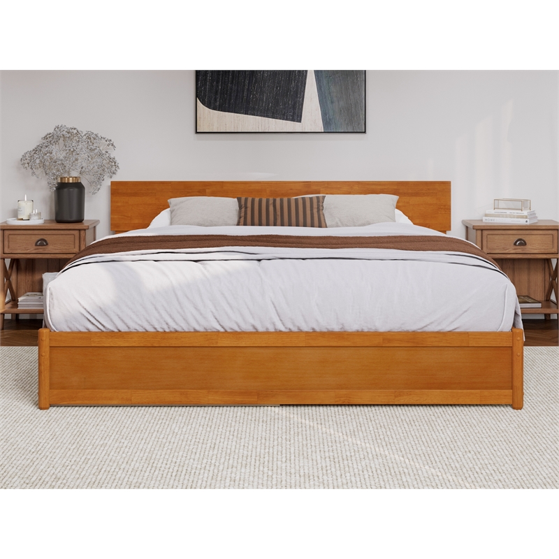 Wesley King Wood Platform Bed with Panel Footboard & TXL Trundle in Light Toffee