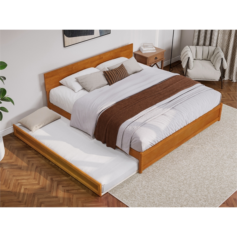 Wesley King Wood Platform Bed with Panel Footboard & TXL Trundle in Light Toffee