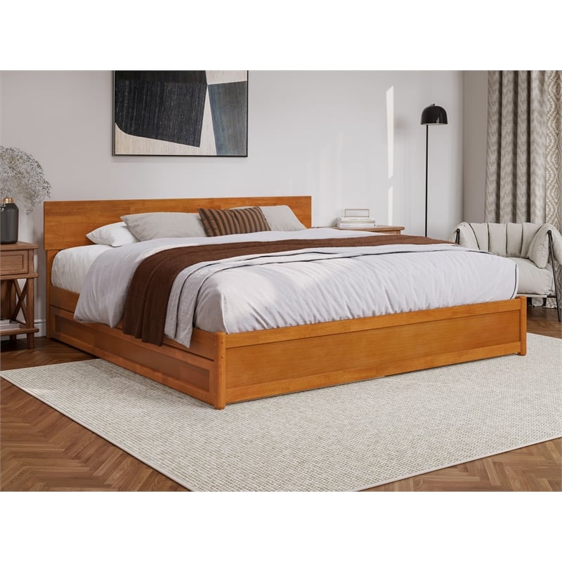 Wesley King Wood Platform Bed with Panel Footboard & TXL Trundle in Light Toffee