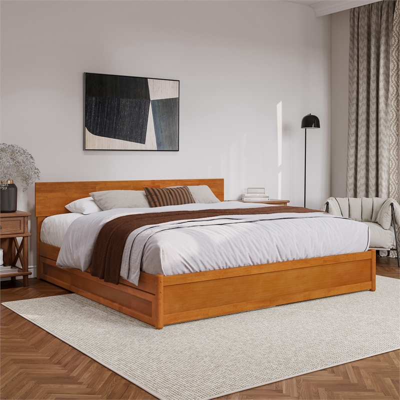 Wesley King Wood Platform Bed with Panel Footboard & TXL Trundle in Light Toffee