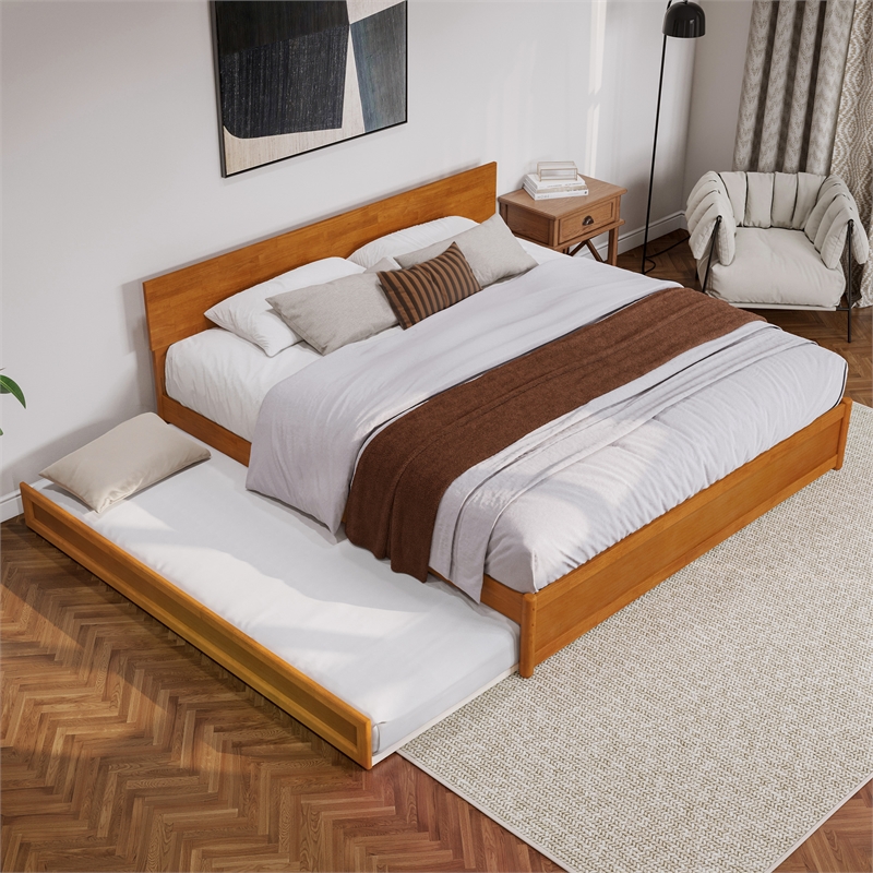 Wesley King Wood Platform Bed with Panel Footboard & TXL Trundle in Light Toffee