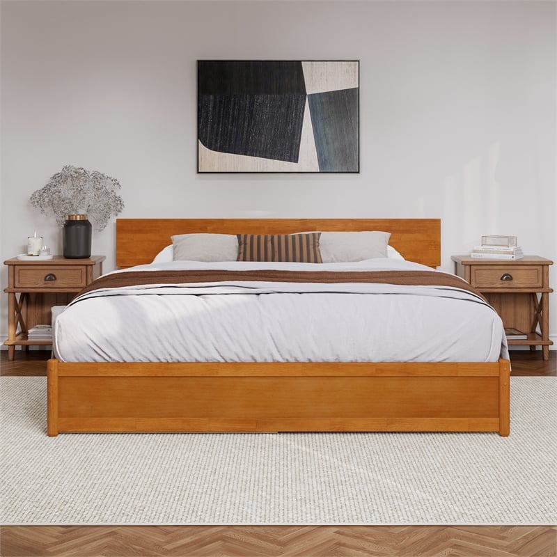 Wesley King Wood Platform Bed with Panel Footboard & TXL Trundle in Light Toffee