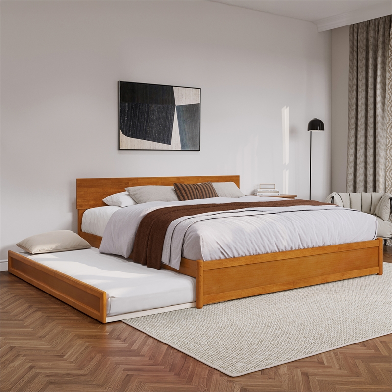 Wesley King Wood Platform Bed with Panel Footboard & TXL Trundle in Light Toffee
