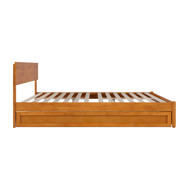Wesley King Wood Platform Bed with Panel Footboard & TXL Trundle in Light Toffee