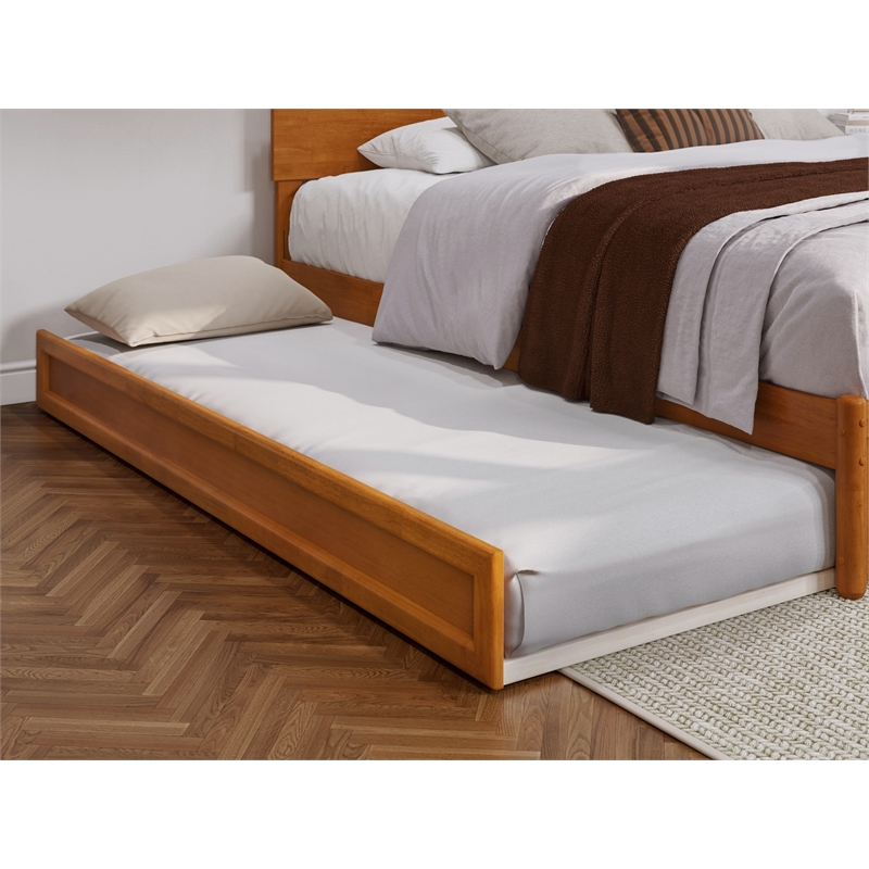 Wesley King Wood Platform Bed with Panel Footboard & TXL Trundle in Light Toffee