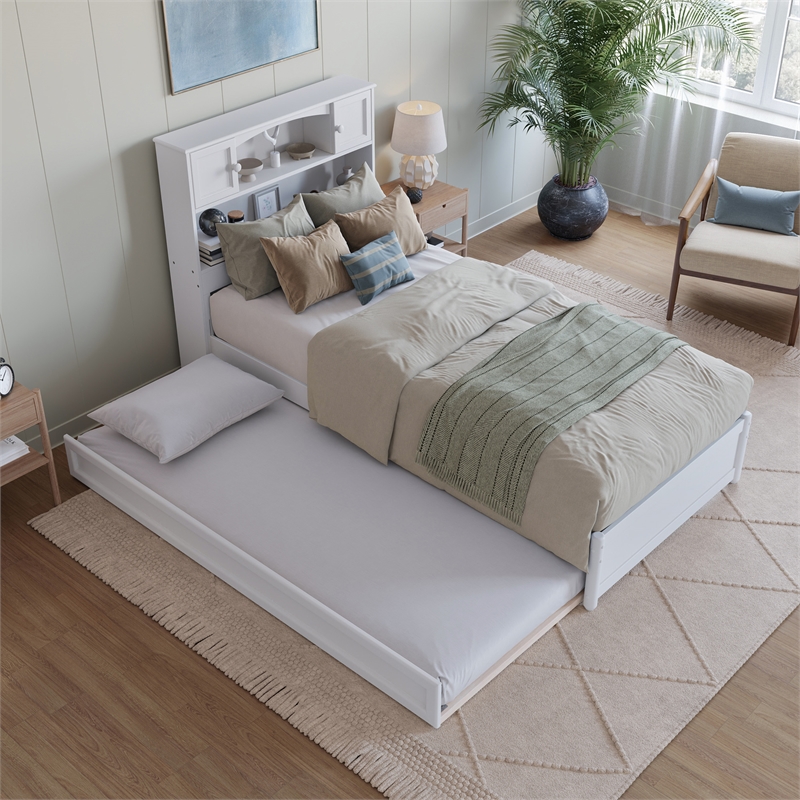 Hadley Twin XL Wood Platform Bed with Panel Footboard & Twin XL Trundle in White
