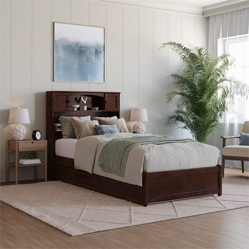 Hadley Twin XL Wood Platform Bed with Panel Footboard &  Trundle in Walnut