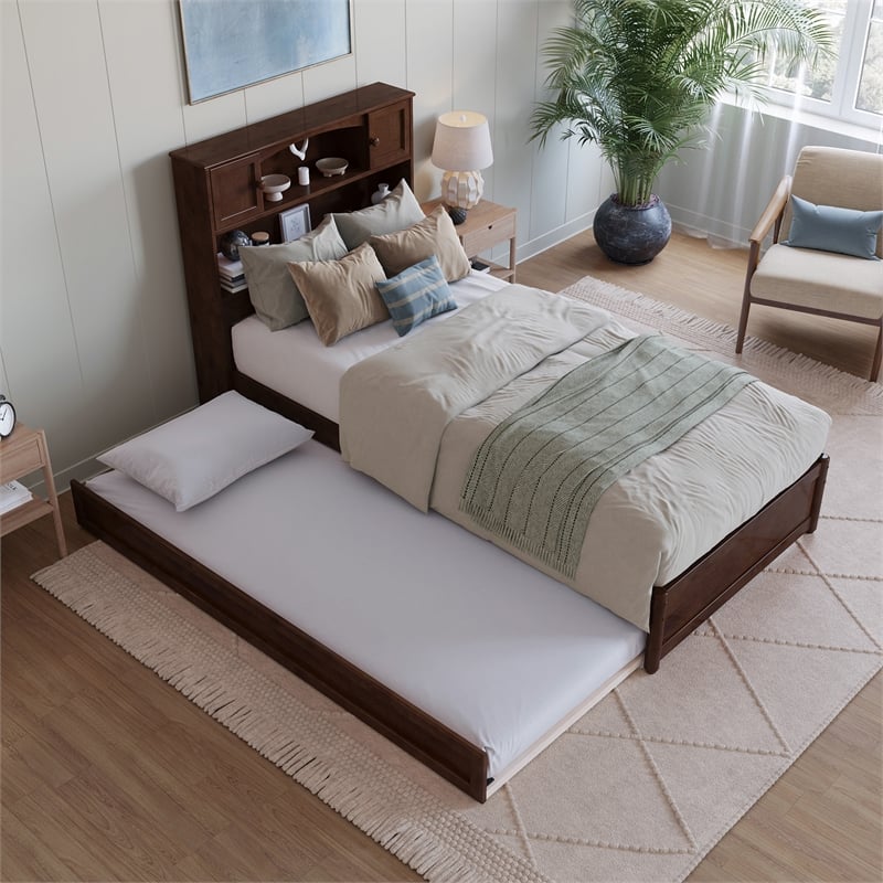 Hadley Twin XL Wood Platform Bed with Panel Footboard &  Trundle in Walnut