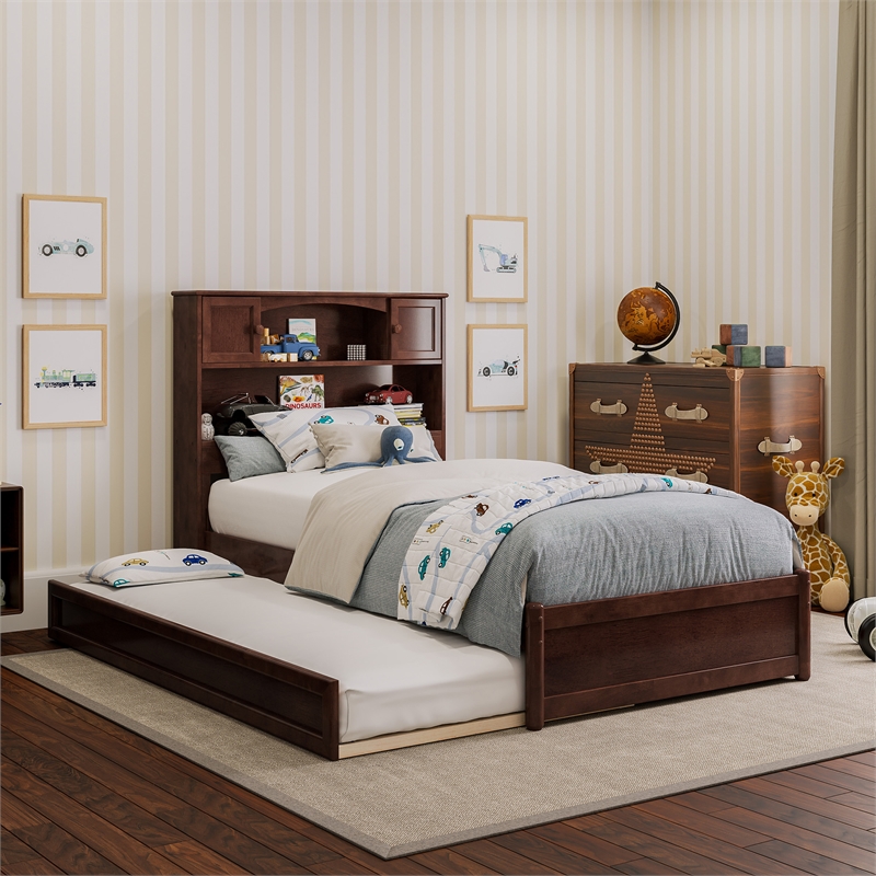 Hadley Twin Wood Platform Bed with Panel Footboard and Twin Trundle in Walnut