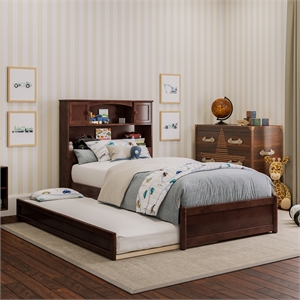 Hadley Twin Wood Platform Bed with Panel Footboard and Twin Trundle in Walnut