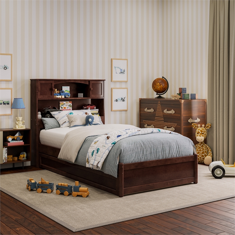 Hadley Twin Wood Platform Bed with Panel Footboard and Twin Trundle in Walnut
