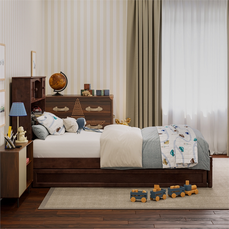 Hadley Twin Wood Platform Bed with Panel Footboard and Twin Trundle in Walnut