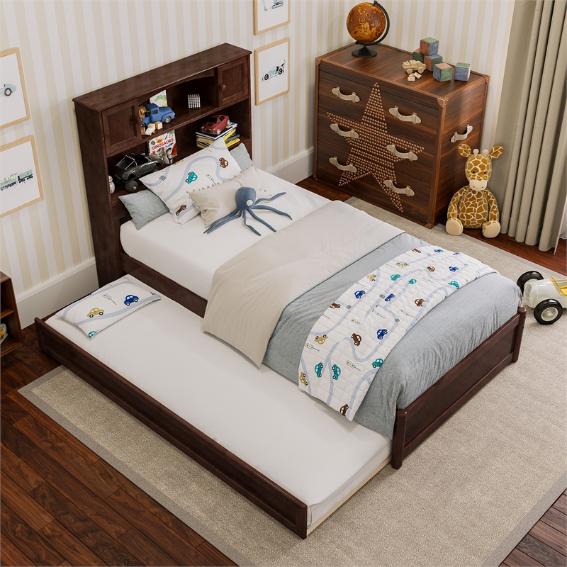 Hadley Twin Wood Platform Bed with Panel Footboard and Twin Trundle in Walnut