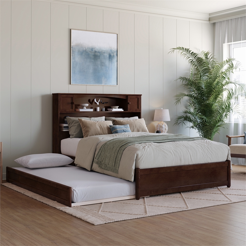 Hadley Full Wood Platform Bed with Panel Footboard and Twin Trundle in Walnut