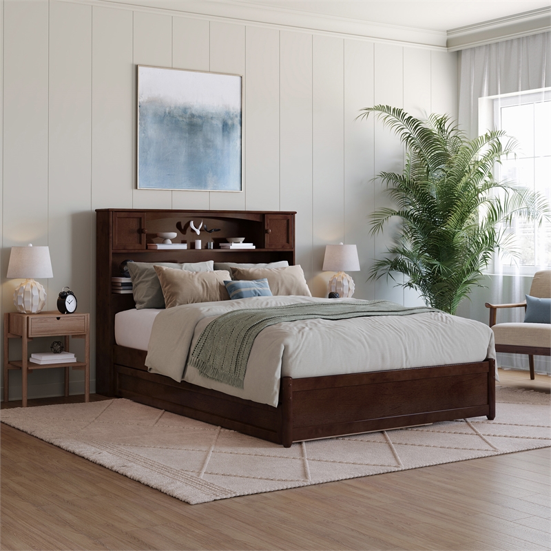 Hadley Full Wood Platform Bed with Panel Footboard and Twin Trundle in Walnut