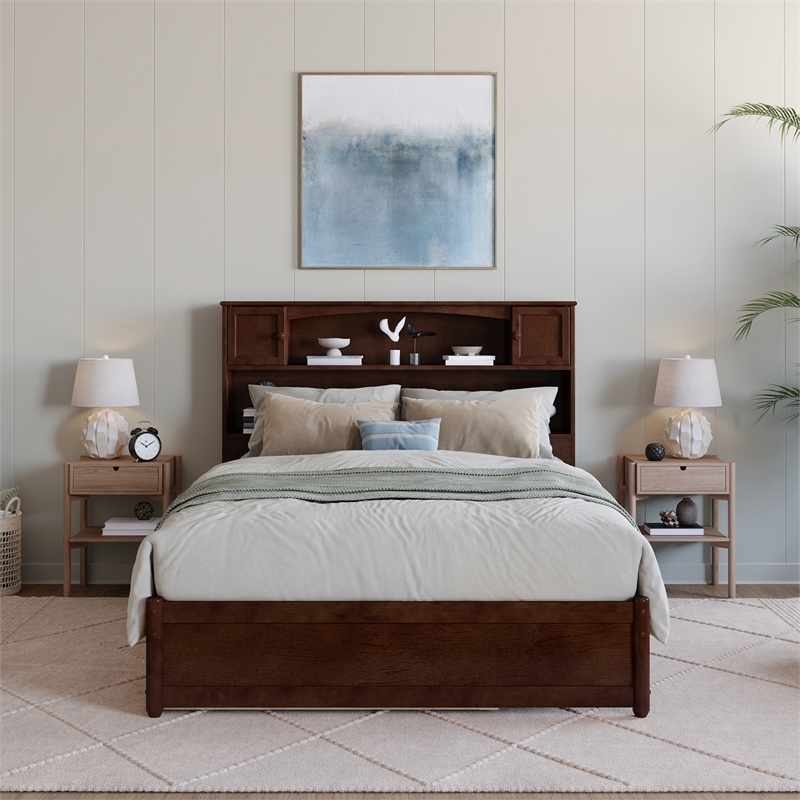 Hadley Full Wood Platform Bed with Panel Footboard and Twin Trundle in Walnut
