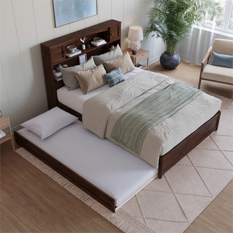 Hadley Full Wood Platform Bed with Panel Footboard and Twin Trundle in Walnut