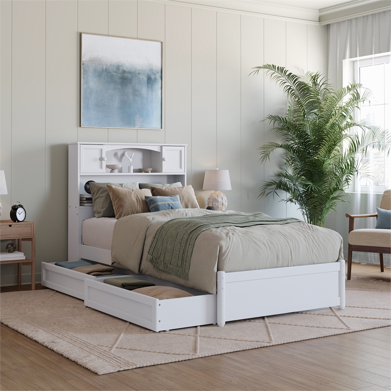 Hadley Twin XL Wood Platform Bed with Panel Footboard & Storage Drawers in White