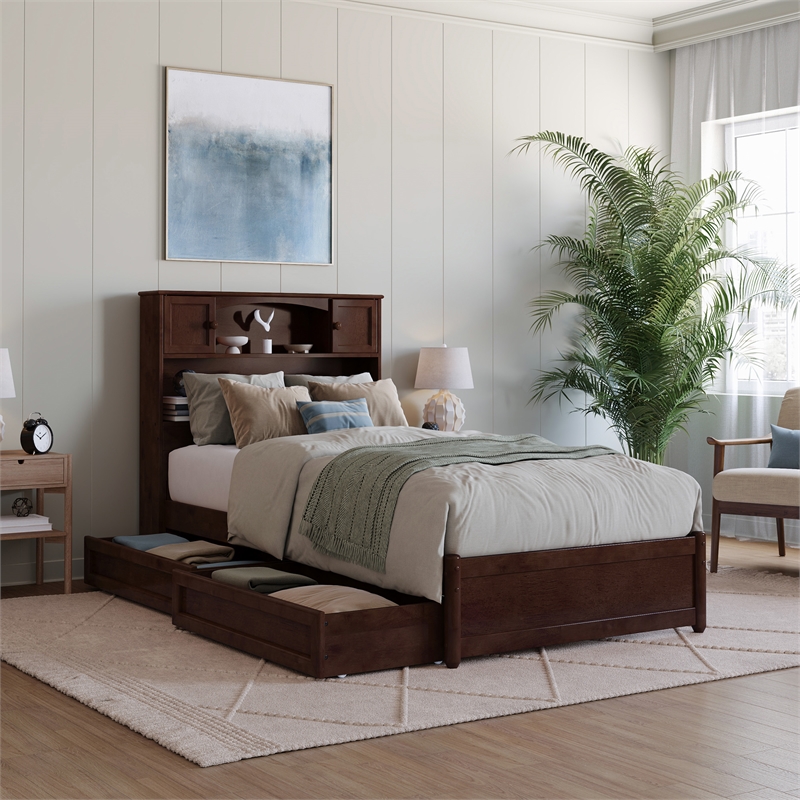 Hadley Twin XL Wood Platform Bed with Panel Footboard & Drawers in Walnut