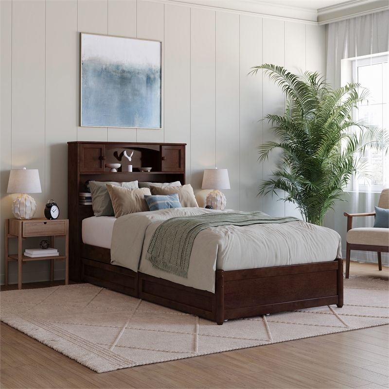 Hadley Twin XL Wood Platform Bed with Panel Footboard & Drawers in Walnut