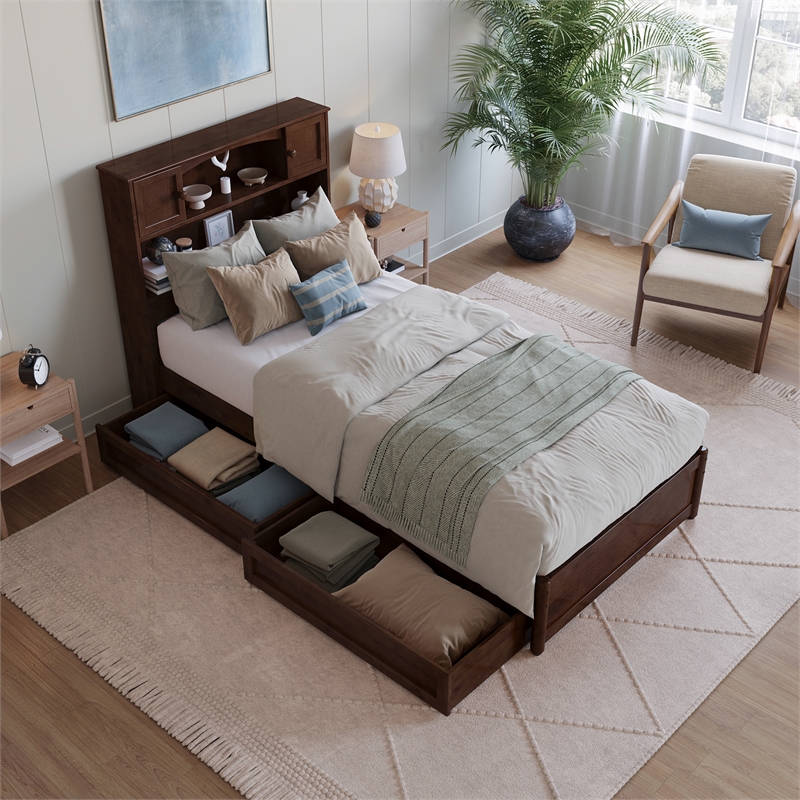 Hadley Twin XL Wood Platform Bed with Panel Footboard & Drawers in Walnut