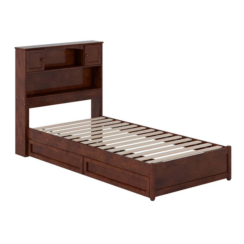 Hadley Twin XL Wood Platform Bed with Panel Footboard & Drawers in Walnut