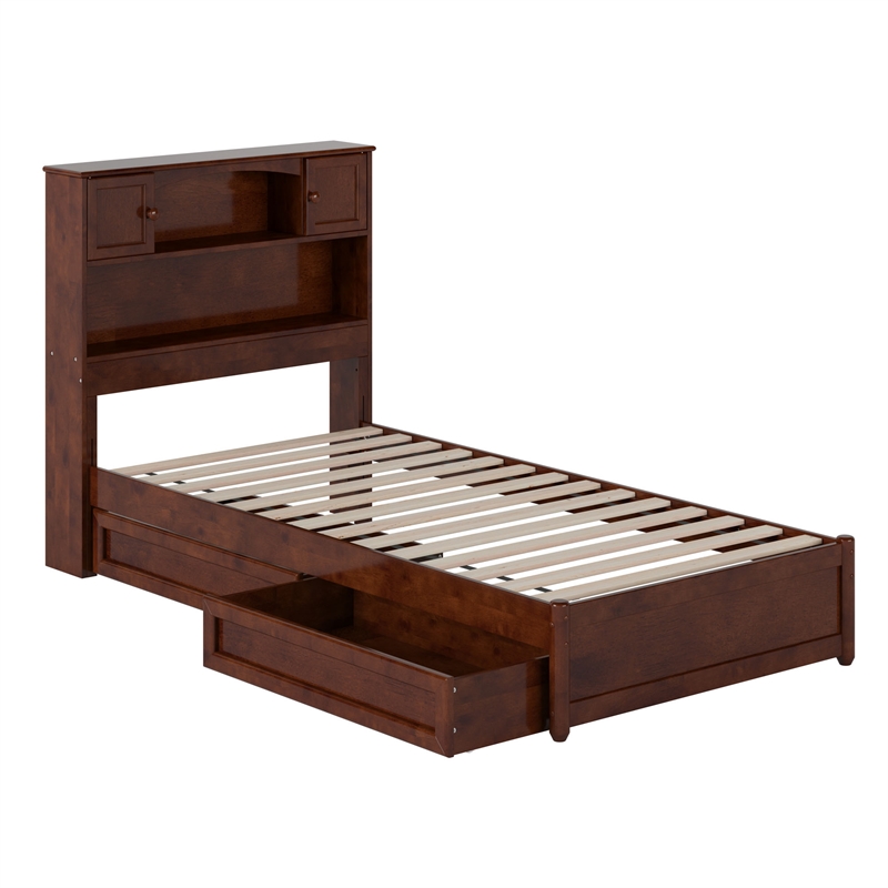 Hadley Twin XL Wood Platform Bed with Panel Footboard & Drawers in Walnut