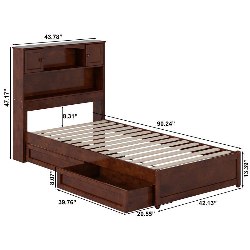 Hadley Twin XL Wood Platform Bed with Panel Footboard & Drawers in Walnut