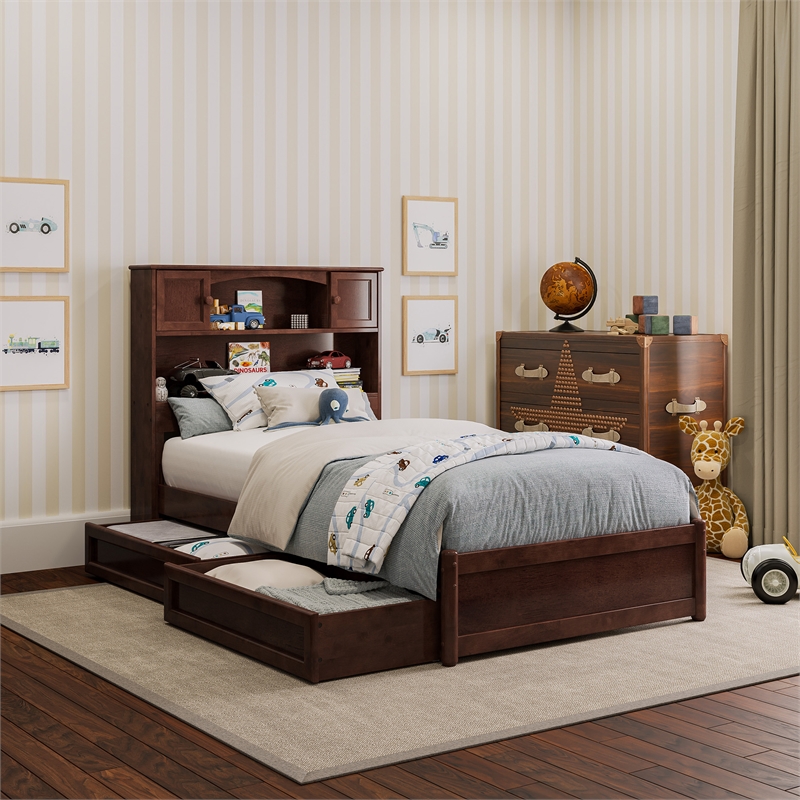 Hadley Twin Wood Platform Bed with Panel Footboard and Storage Drawers in Walnut