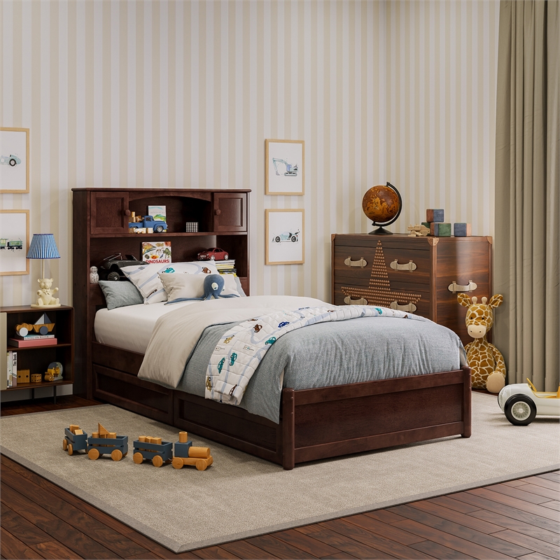 Hadley Twin Wood Platform Bed with Panel Footboard and Storage Drawers in Walnut