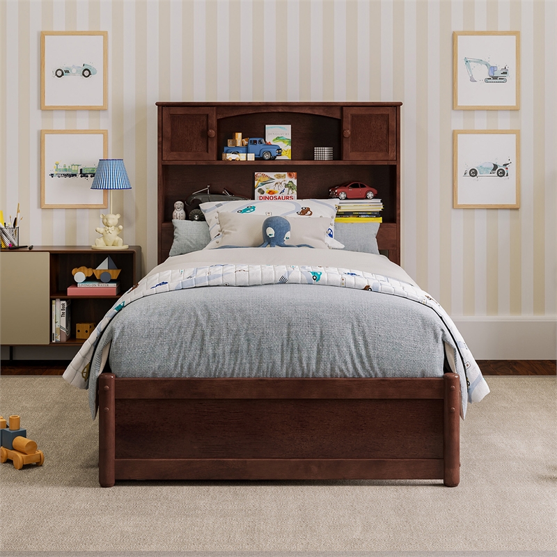 Hadley Twin Wood Platform Bed with Panel Footboard and Storage Drawers in Walnut