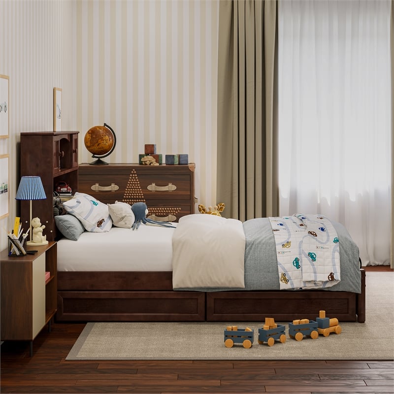 Hadley Twin Wood Platform Bed with Panel Footboard and Storage Drawers in Walnut