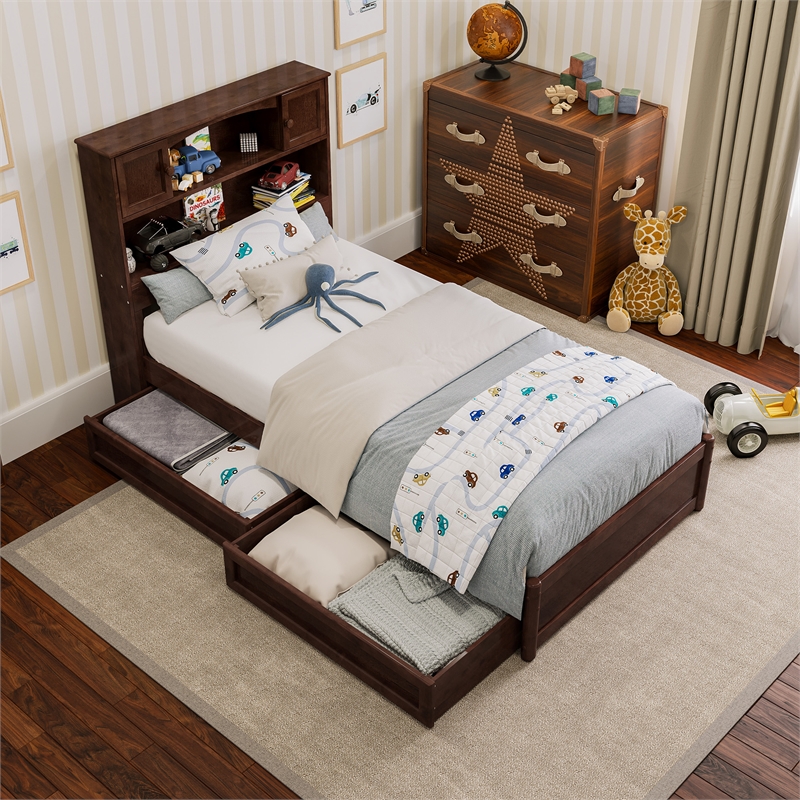 Hadley Twin Wood Platform Bed with Panel Footboard and Storage Drawers in Walnut