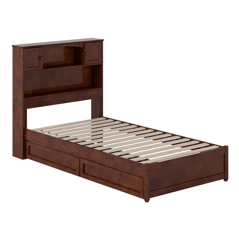 Hadley Twin Wood Platform Bed with Panel Footboard and Storage Drawers in Walnut