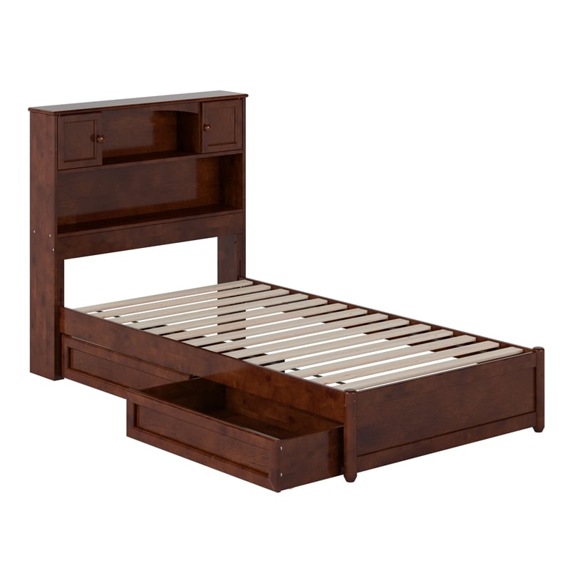 Hadley Twin Wood Platform Bed with Panel Footboard and Storage Drawers in Walnut