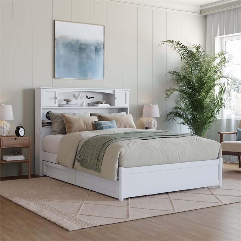 Hadley Full Wood Platform Bed with Panel Footboard and Storage Drawers in White