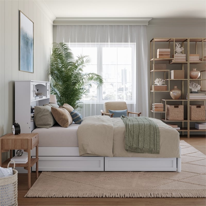 Hadley Full Wood Platform Bed with Panel Footboard and Storage Drawers in White