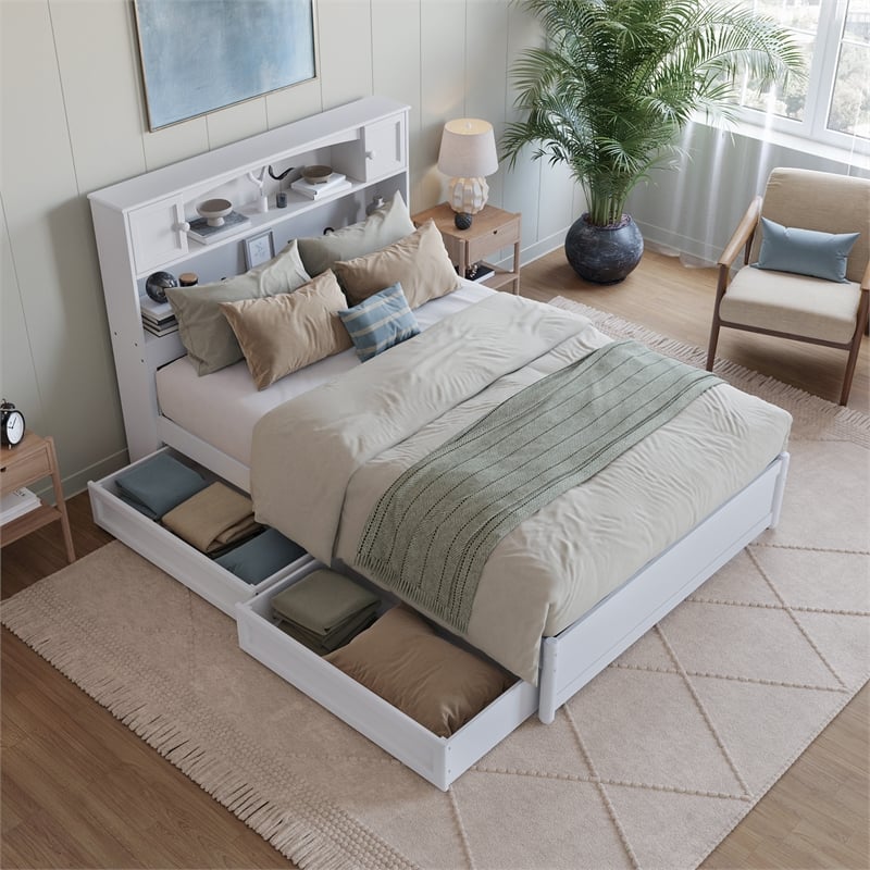 Hadley Full Wood Platform Bed with Panel Footboard and Storage Drawers in White