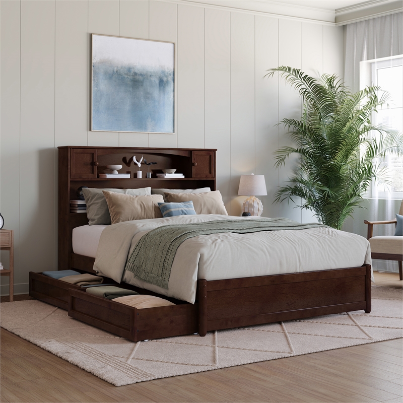Hadley Full Wood Platform Bed with Panel Footboard and Storage Drawers in Walnut