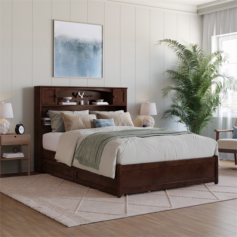 Hadley Full Wood Platform Bed with Panel Footboard and Storage Drawers in Walnut
