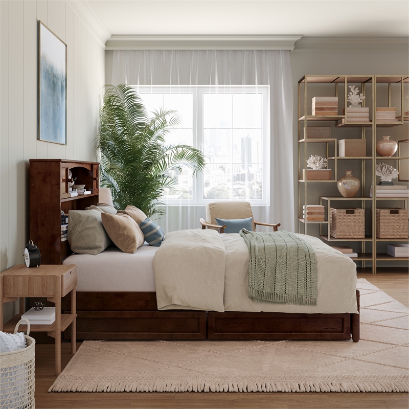 Hadley Full Wood Platform Bed with Panel Footboard and Storage Drawers in Walnut