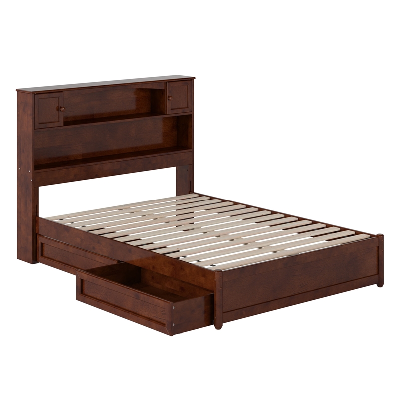Hadley Full Wood Platform Bed with Panel Footboard and Storage Drawers in Walnut